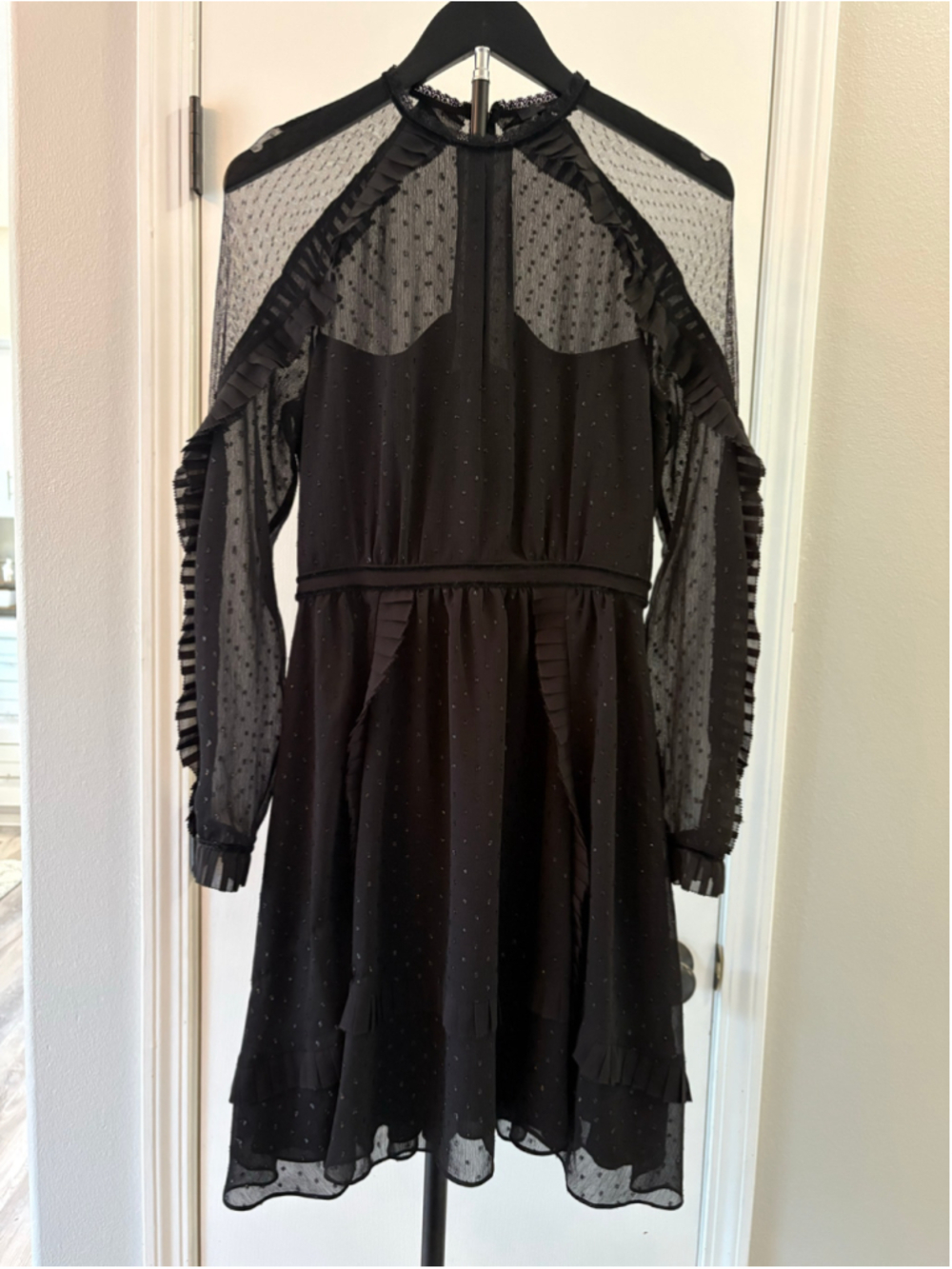 AllSaints Ivy Dress US Size 2 Black Sheer Mesh Ruffle Long Sleeve Party Mini